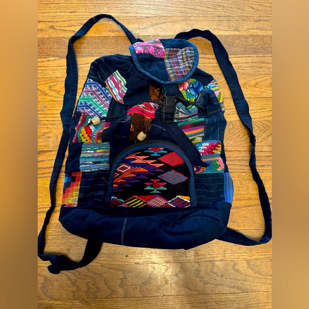 Boho Hand Stitched Drawstring Backpack Purse Guatemala Multicolor Festival Bag